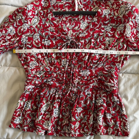 Anthropologie EUC Feather Bone Floral Lace-Up Peplum Blouse Red Size 4 - Picture 12 of 16